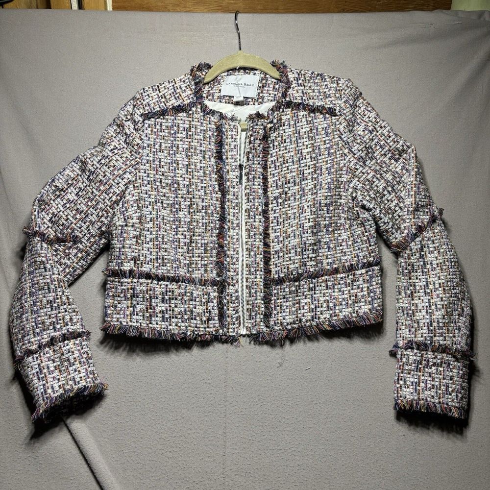 CAROLINA BELLE MONTREAL -  Women's Multicolor Tweed Fringe Cropped Jacket Medium